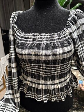 Fashion Nova Black & White Plaid Smocked Peplum Blouse